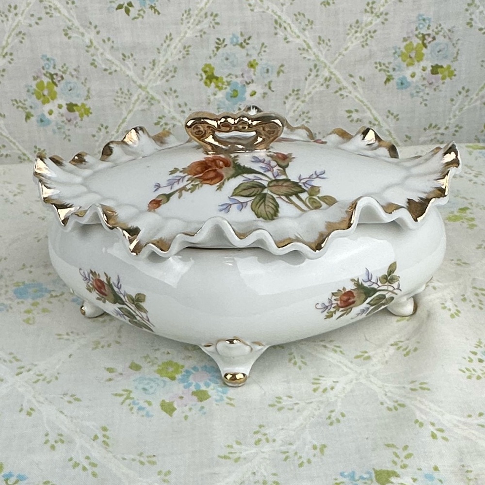 Vintage Ruffled Lidded Rose Trinket Dish
